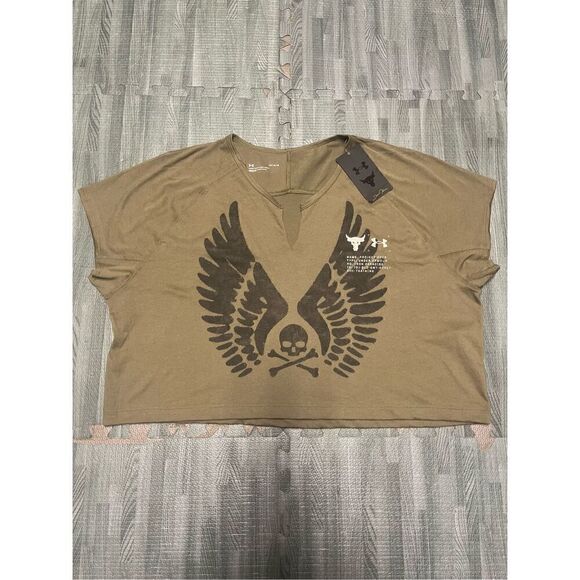 Under Armour Dwayne Johnson Rock Green Skull Cropped Loose Tee Top L Large Women - Picture 1 of 7